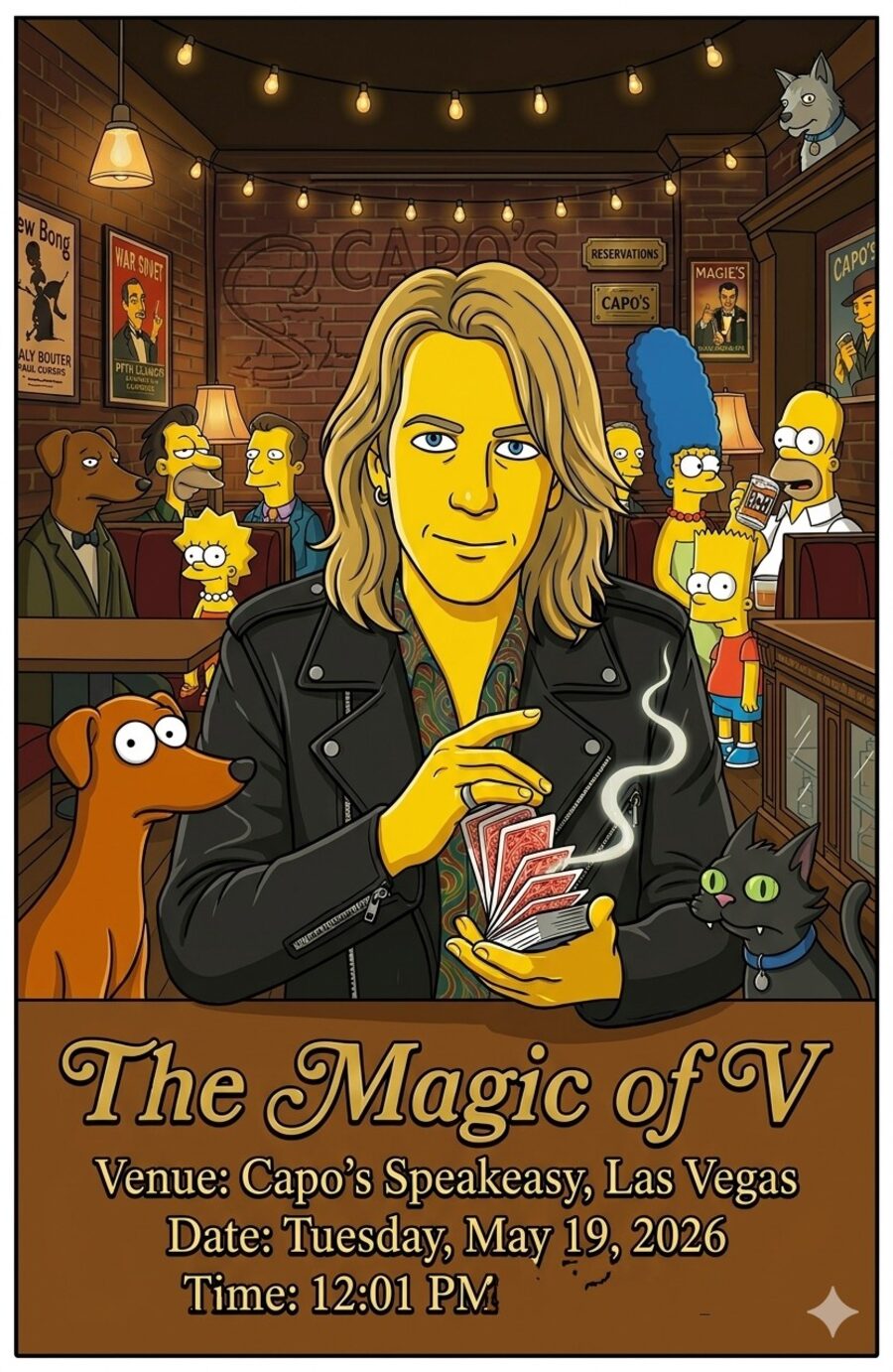 Cartoon-style poster for The Magic of V at Capo's Speakeasy